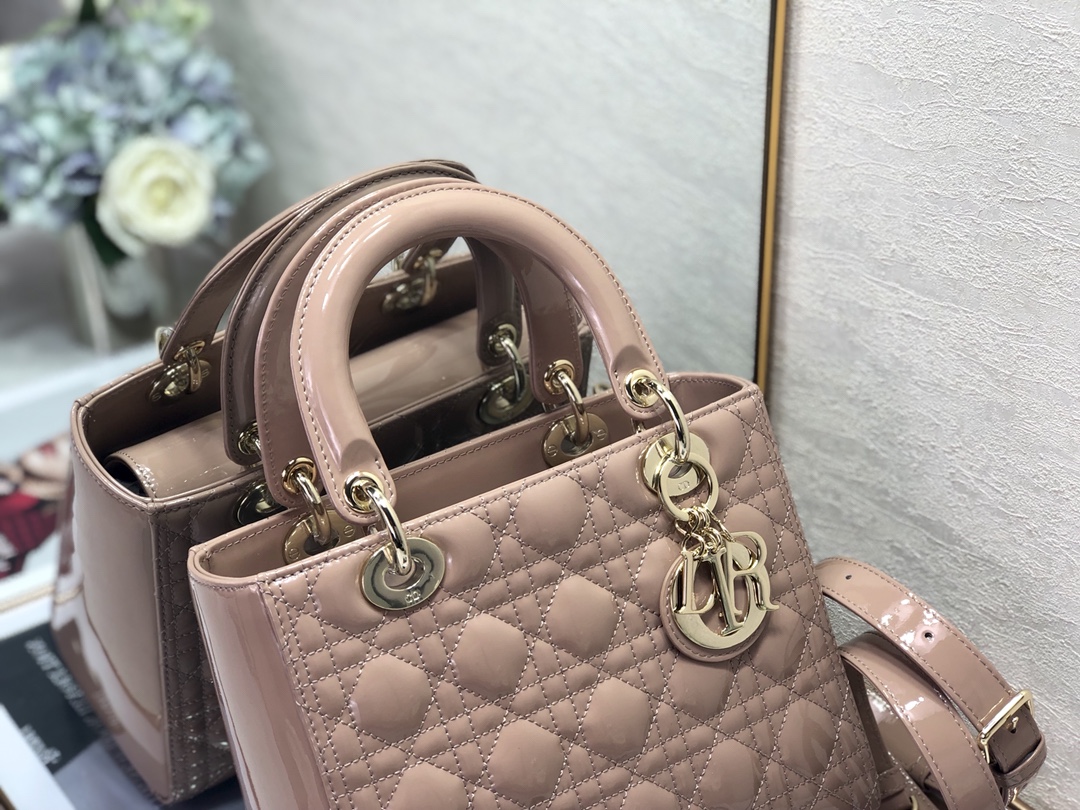 Medium Lady Dior Bag Powder Beige Patent Cannage Calfskin